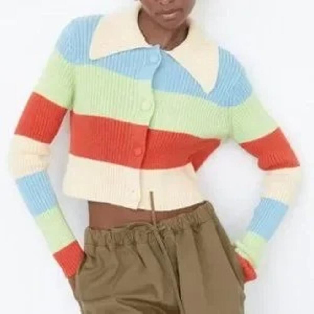 Zara Colorblock Striped Ribbed Knit Collared Cropped Cardigan Sweater Size Small
